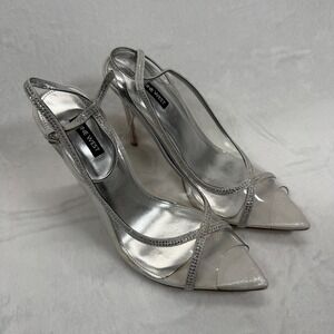 Nine West Slingback‎ Heels Rhinestone Pointed Toe Stiletto Silver 10.5M